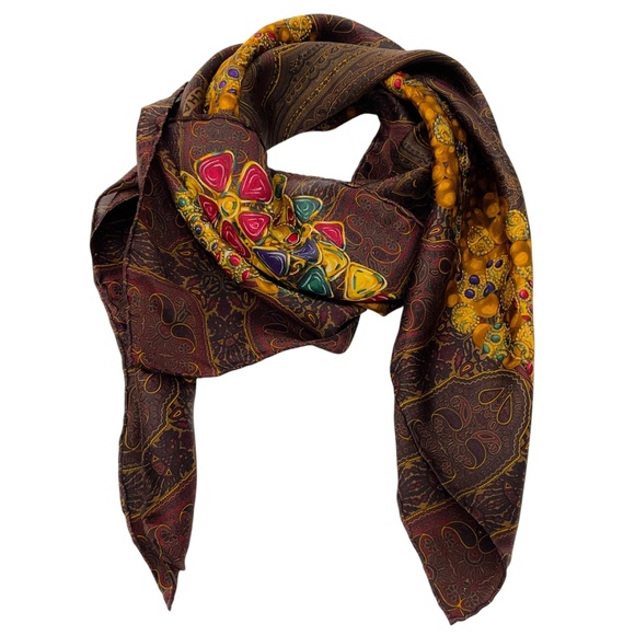 CHANEL BROWN / BURGUNDY / GOLD MULTI JEWEL PRINT SQUARE SILK TWILL SCARF - Picture 4 of 7